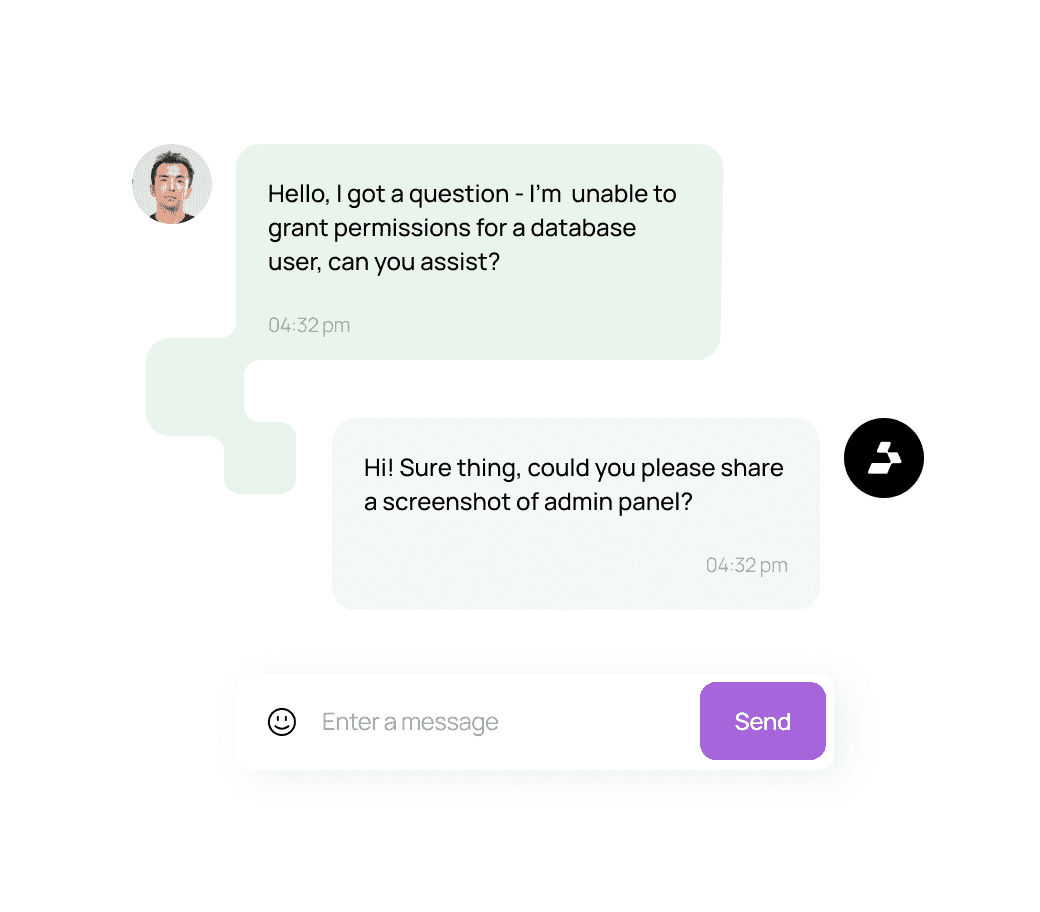 Example with dialog in support chat of Rocketadmin